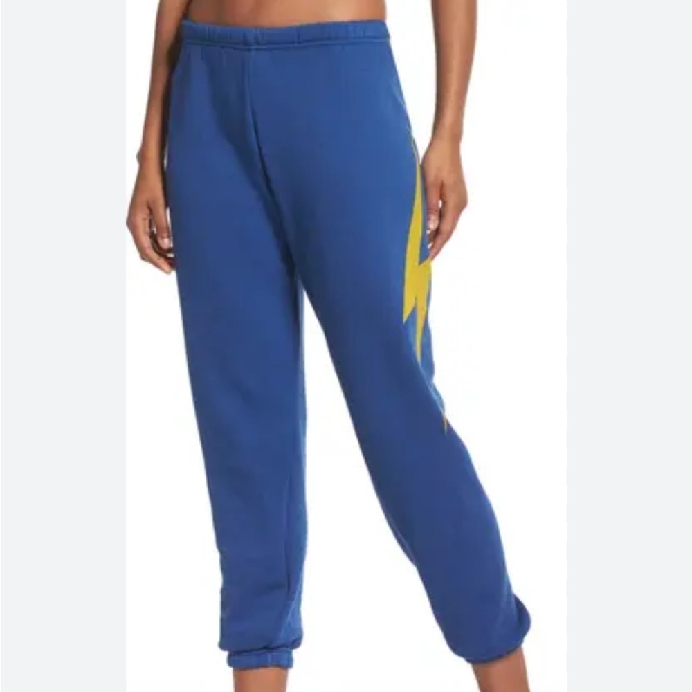 Aviator Nation Bolt Sweatpants Hand Sewn Blue Cinched Ankle Trendy Comfy Sz L